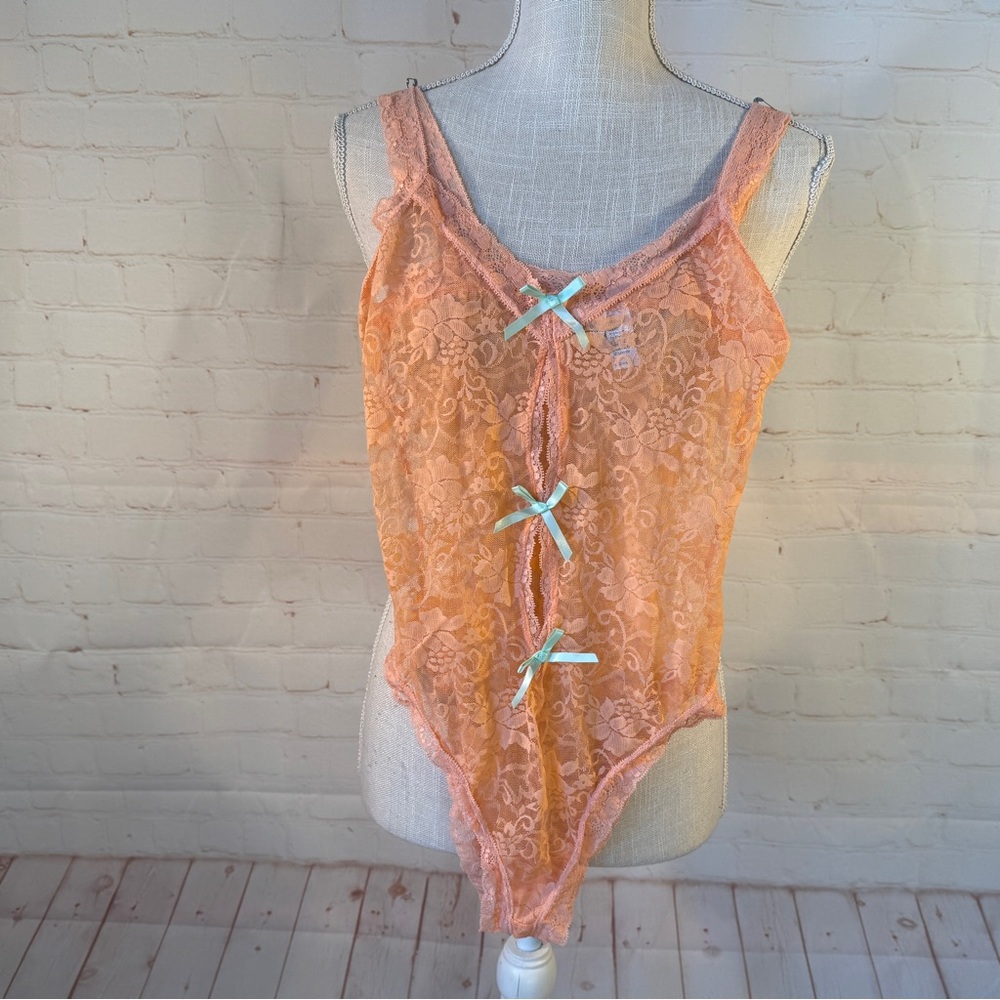 Frederick's of Hollywood Teddy Lace Stretchable Lingerie Cheeky Sheer Peach S